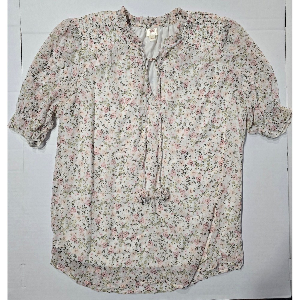 Autres Filles Floral Chiffon Blouse Smocked Ruffle Neck Short Sleeve Pink S